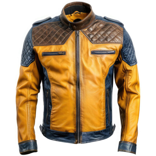 Mustard & Navy Blue Sheepskin Moto Leather Jacket - Diamond Quilted, Slim-Fit Soft Design