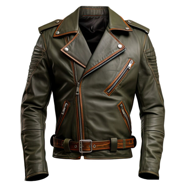 Men's Army Green Sheepskin Leather Jacket - Notch Lapel Collar, Military Style