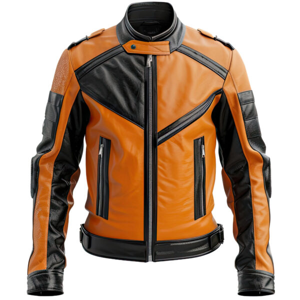Men's Orange & Black Sheepskin Leather Jacket - Sporty Slim Fit Racing Style