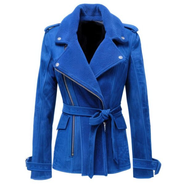 Ladies Royal Blue Suede Leather Coat Faux Fur Sherpa Shearling